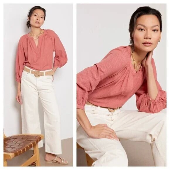 Evereve Tops - Evereve Ingrid Textured Stripe Top Cotton Blend Work Flowy in Rusted Rose M